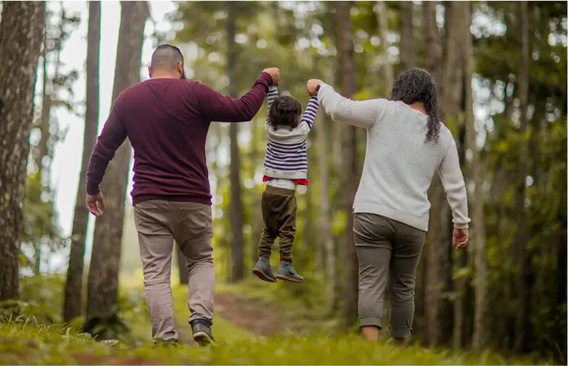 A mother and father walking through a forest, swinging their young child between them